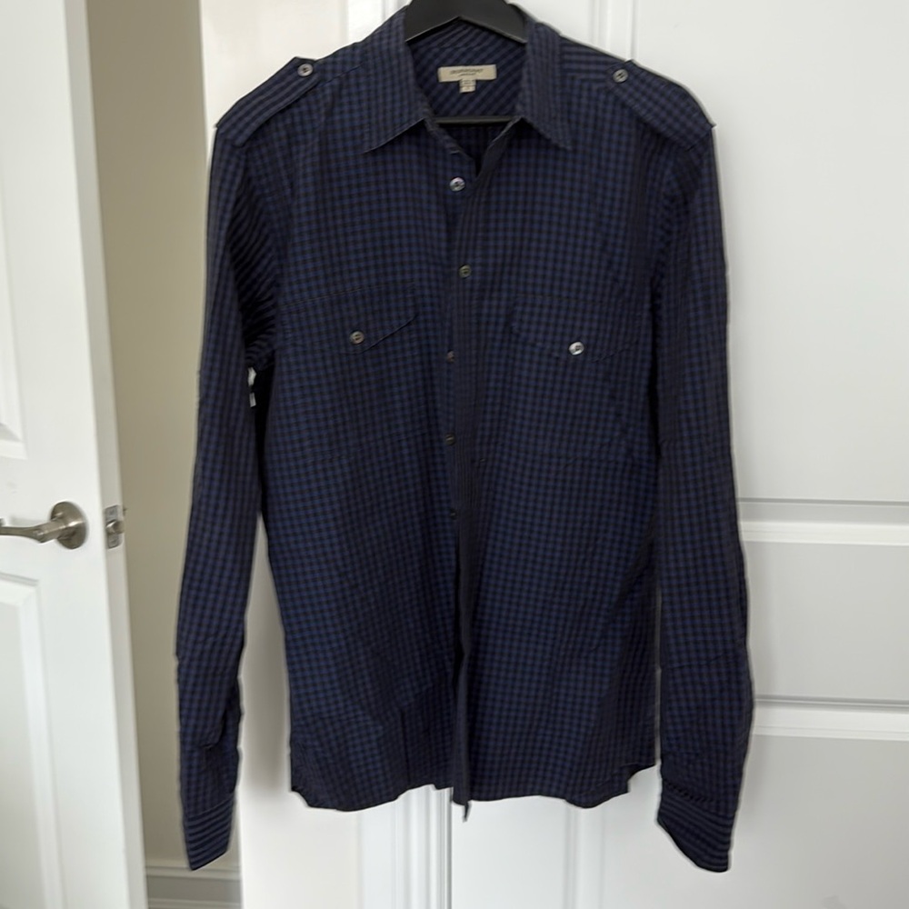 Burberry men’s checkered shoulder tan casual button down shirt